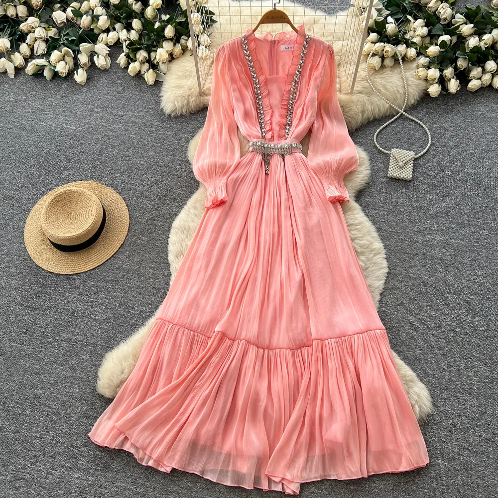 Schickes Elegantes Gerafftes Strass-Kleid mit Langen Puffärmeln A-Linie Vintage Plissiertes Kleid mit Hoher Taille Modische Vestidos