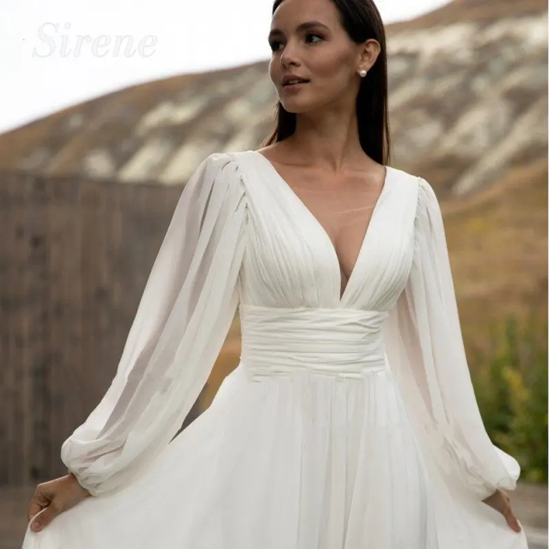 Elegante Hochzeits kleid Frauen a-Linie weißen Chiffon langen Puff ärmel rücken freie Falte Brautkleid bodenlangen Vestidos de Novia