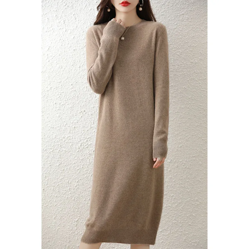 2022 Womens Winter 100% Wool Sweaters And Autumn Knitted Dresses Pullovers High Quality Soft  Warm Knee-Length Jumper S-XXL