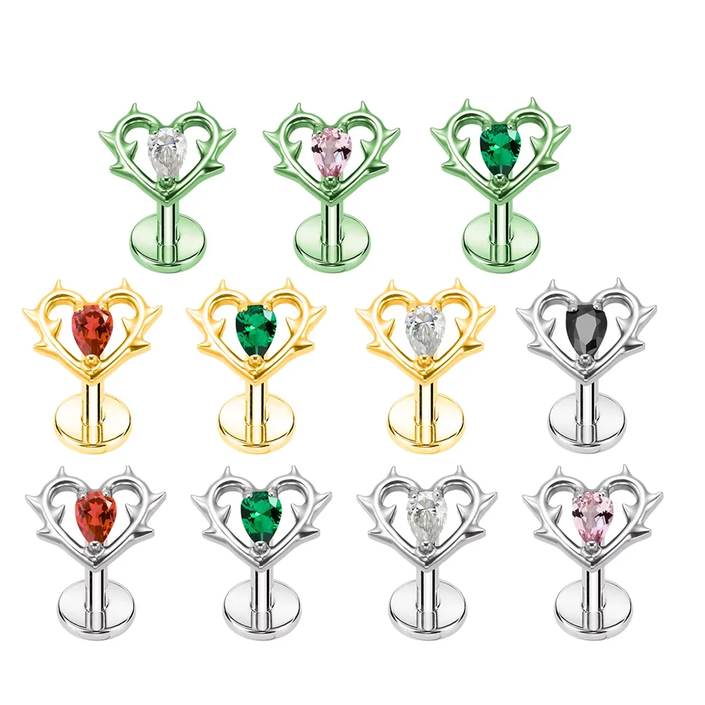 G23 التيتانيوم الشرير نمط بأكسيد زركونيا الحب على شكل قلب شوكة أقراط سوبر كول الأذن العظام الشفاه ترصيع هيئة ثقب المجوهرات