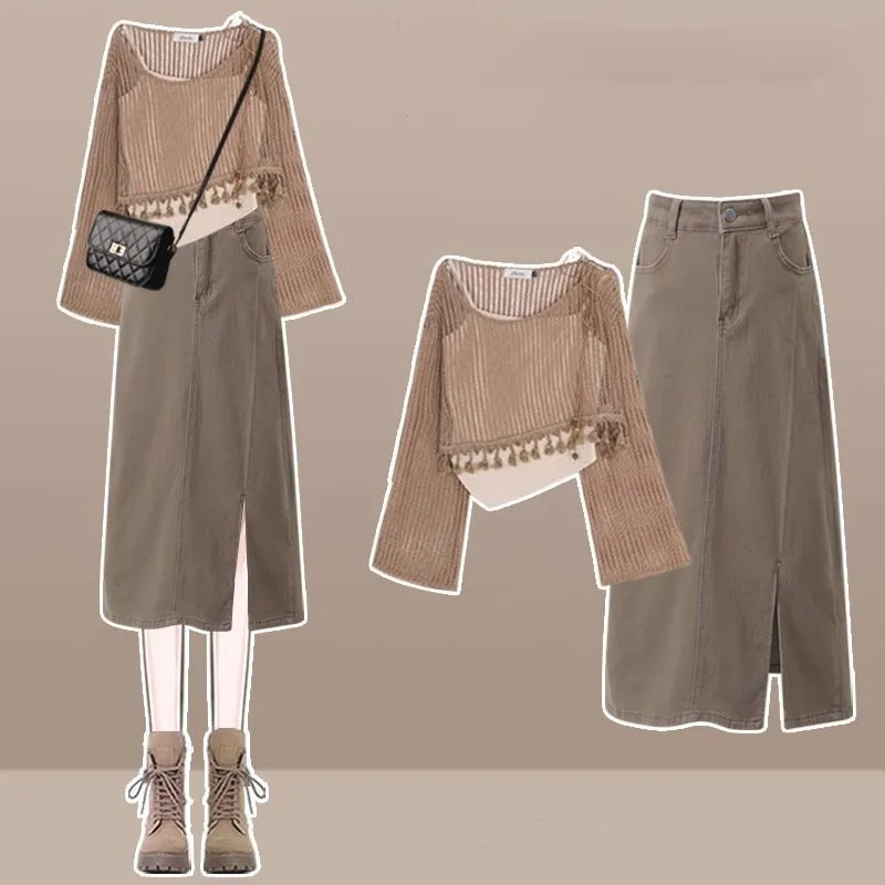

Women's 2025 Autumn New Vintage Hollow Hoodie Smock+Strap+Denim Skirt 3-Piece Suit Korean Elegant Sexy Slit Dress Matching Set