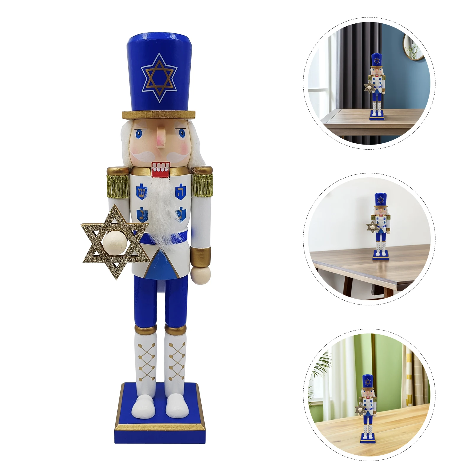 

Hanukkah Menorah Nutcracker Soldier 38 Cm Blue White Wooden Decoration Christmas Shelf Decor Jewish Holiday Tabletop