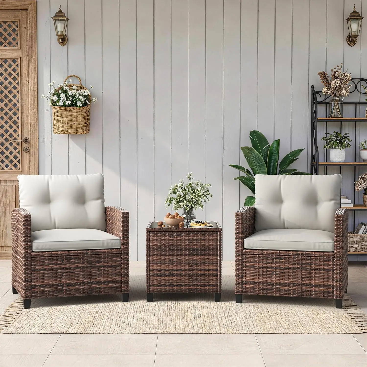 3 Piece Rattan Patio Furniture Set, Outdoor Wicker Chairs with Side Table, All-Weather Conversation Set for Garden, Balcony, Porch or Backyard, Brown Gradient Wicker with Beige Cushions