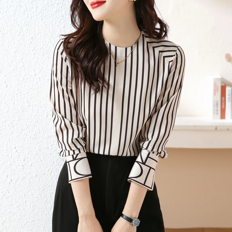 Women\'s Blouses Black White Stripes Top Long Sleeve Autumn Winter Clothes Silk Shirt Commuter Style Overshirt Design Sense 2023