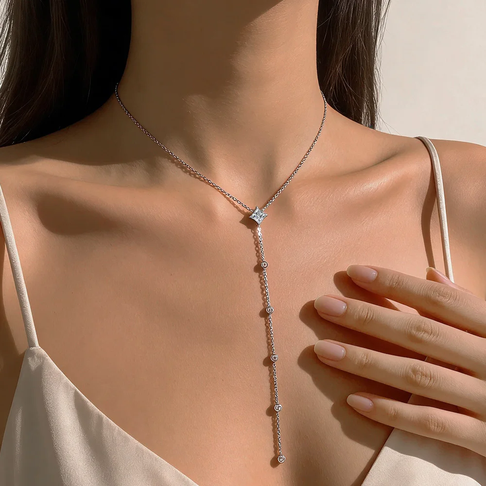EWYA Princess Cut Long Tassel All Moissanite Pendant Necklace Women s925 Silver Y-Style Pass Diamond Test Dainty Neck Chain Gift