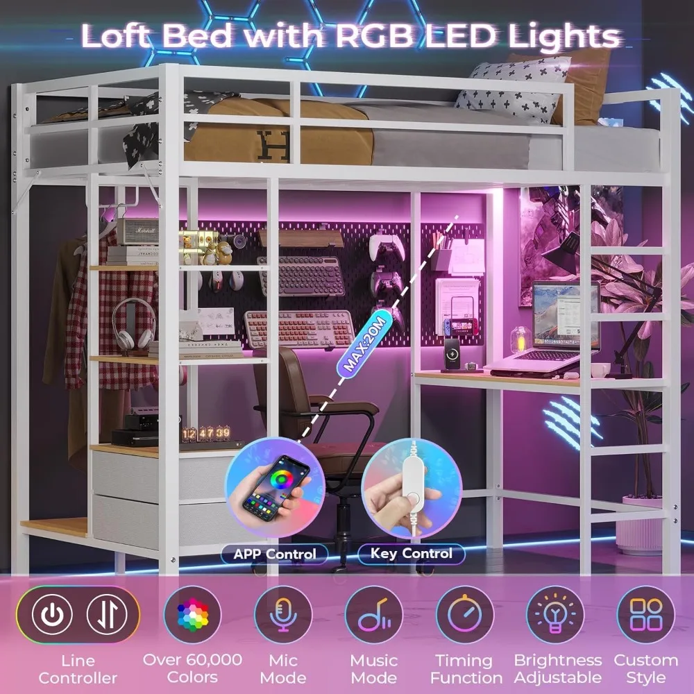 Cama alta de metal con escritorio y estación de carga con luces LED, estantes de almacenamiento y cajones Cama doble con riel para ropa y escalera