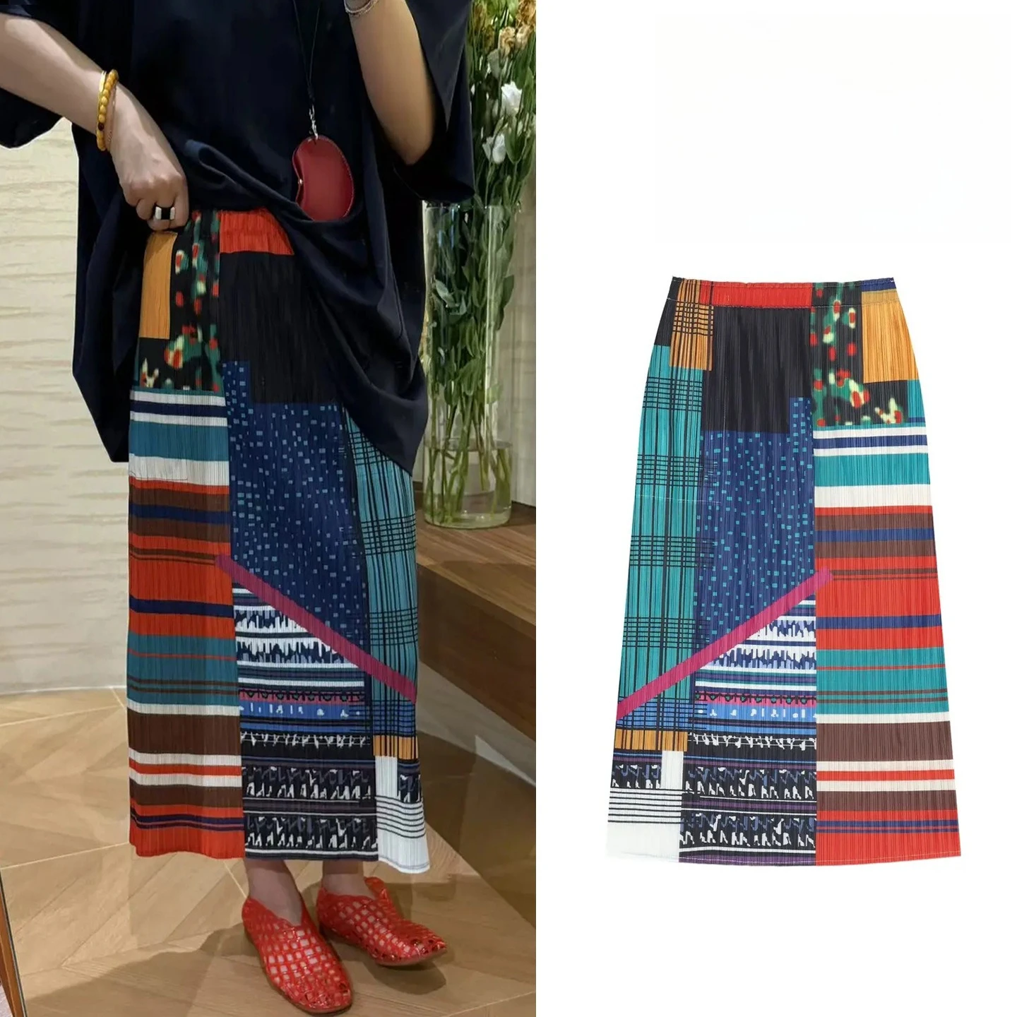 مياكي مطوي 2025 جديد ريترو البولكا نقطة بوستير تنورة الإناث مرونة الخصر رقيقة مطوي كبير سوينغ تنورة طويلة تنوعا #1