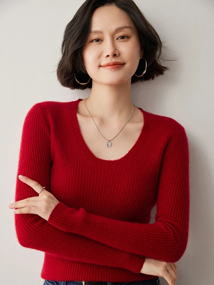 U-Neck 100% Cashmere Sweater Pullover Autumn Winter Women's Slim Basic Cashmere Knit Clothes Warm Strecth Versatile Inside Join