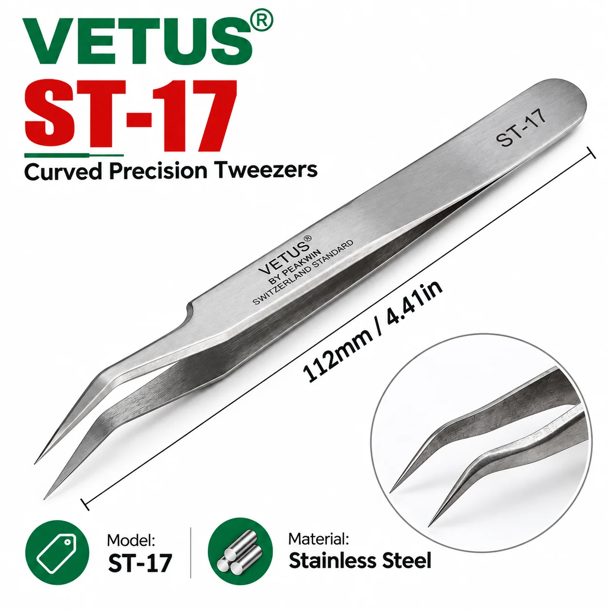 VETUS ST-17 Präzisionspinzette aus Edelstahl mit gebogener Spitze für die Reparatur von Leiterplatten, SMD-Bauteilen und Elektronik – Detail 4