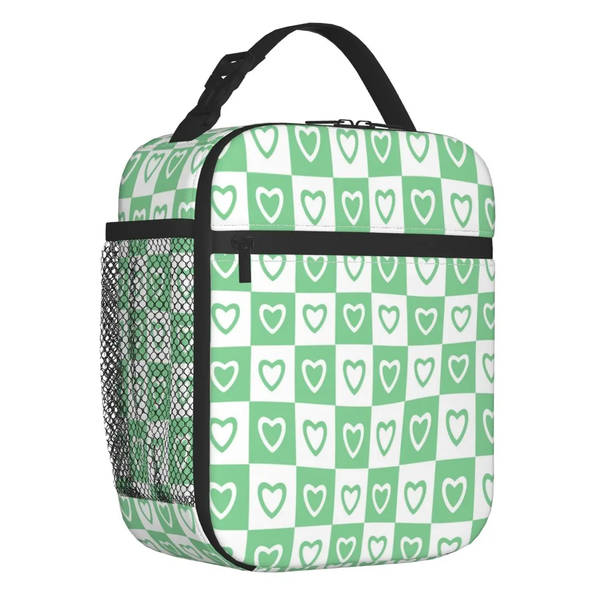 Custom Green White Hearts Checkered Pattern Insulated Lunch Bag for Work School Leakproof Thermal Cooler Lunch Box Unisex