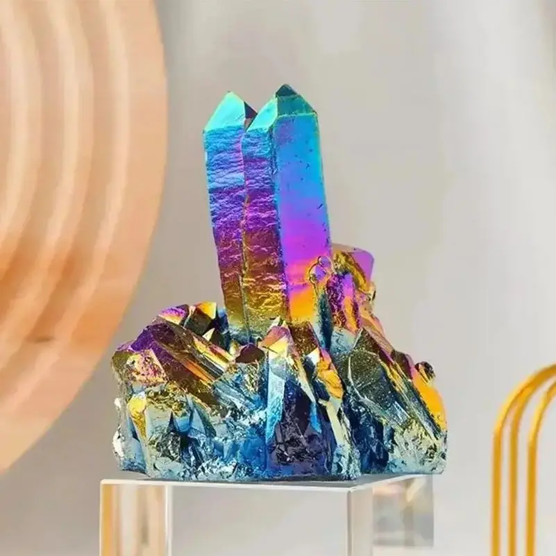 Natural Quartz Crystal Rainbow Titanium Cluster, Rare Home Decoration Craft, Reiki Stone, Can for Healing Specimen Mineral