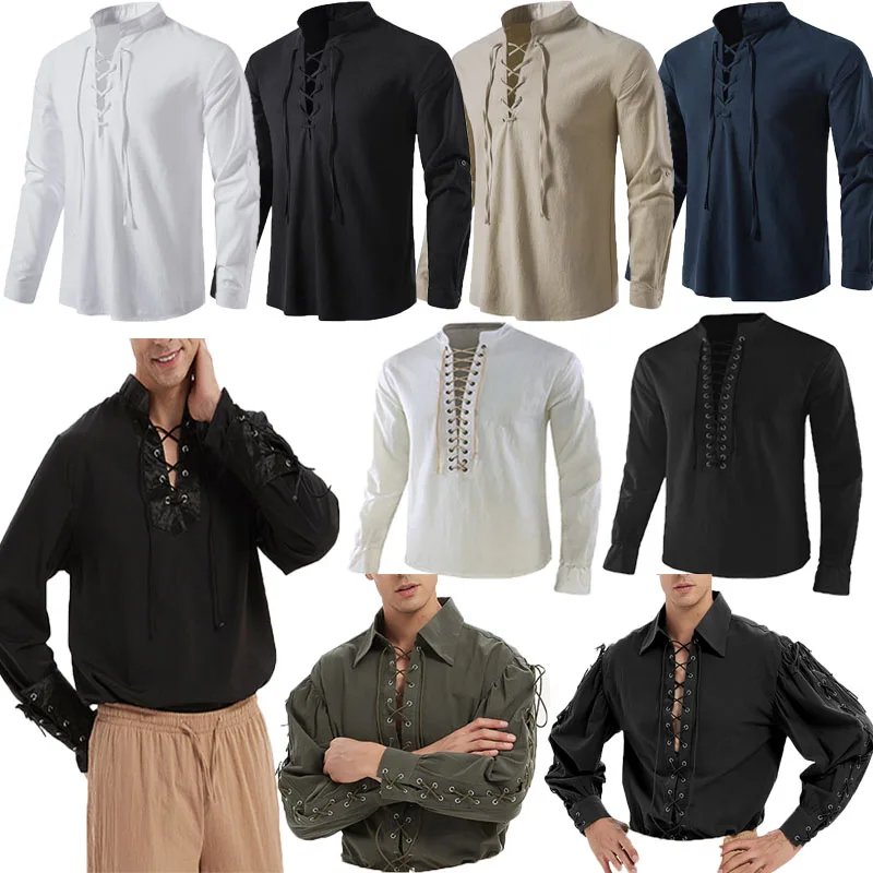 Men Medieval Renaissance Grooms Pirate Reenactment Larp Costume Lacing Up Shirt Bandage Top Middle Age Clothing