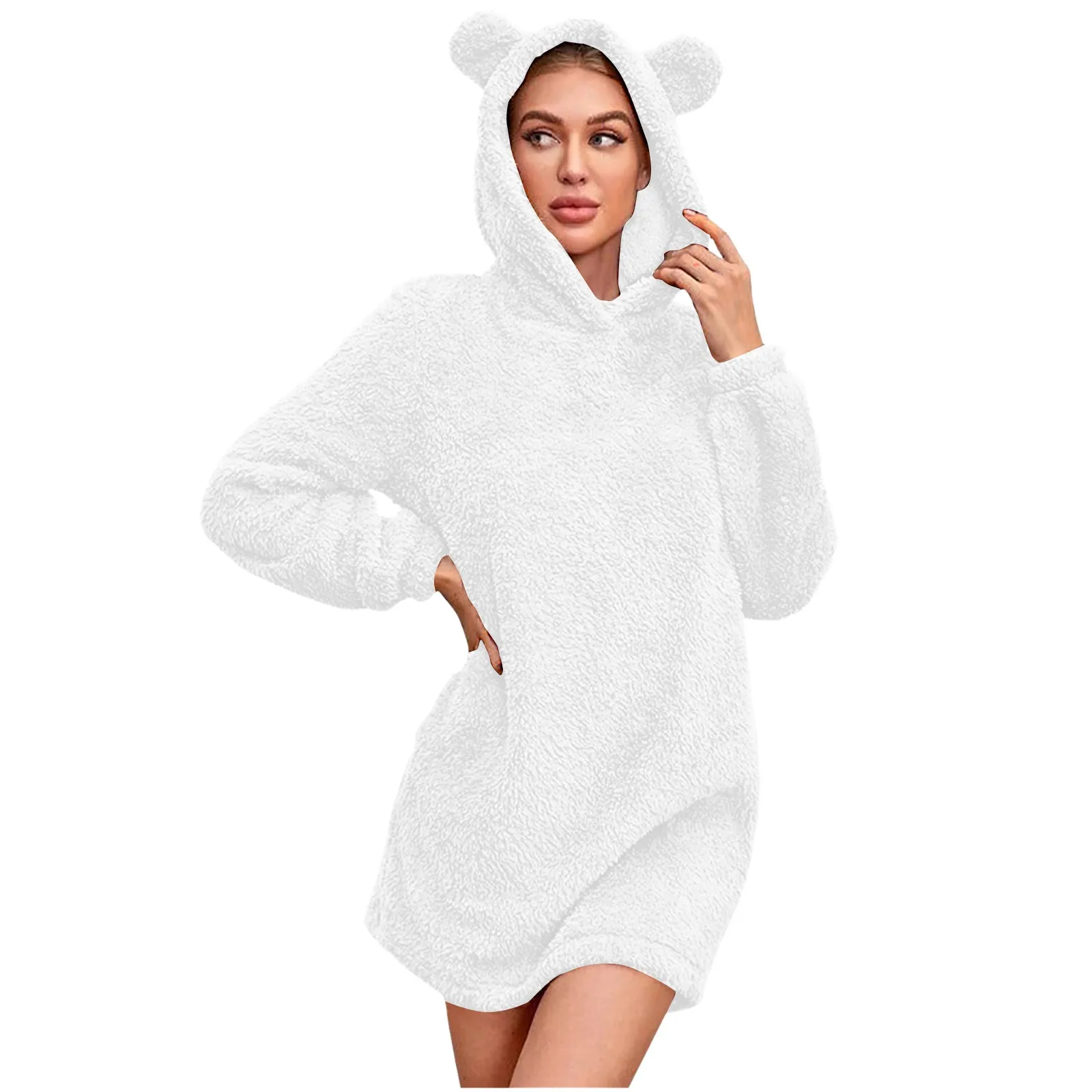 White Women Long Plush Hoodies Solid Color Cute Fall Fleece Hoodies Long Sleeve Warm Soft Sweatshirt Dresses