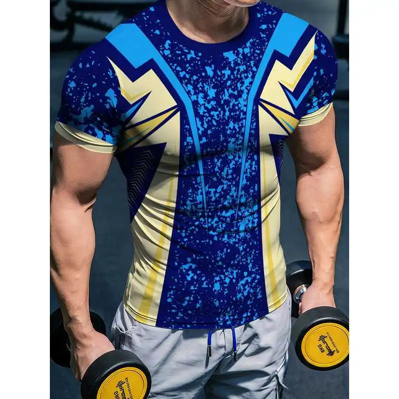 Men's High Elasticity Quick Dry Blue Yellow Ink Splatter Geometric Short Sleeve Fitness Shirt Slim Fit Muscle Definition Moistur