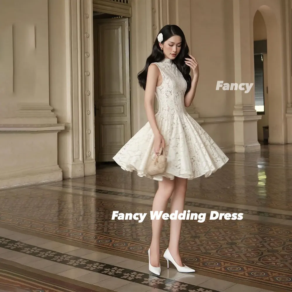 

Fancy Graceful Lace High Neck Evening Dress A Line Mini Short Prom Gown Sleeveless Graduation Gown Back Zip Customized