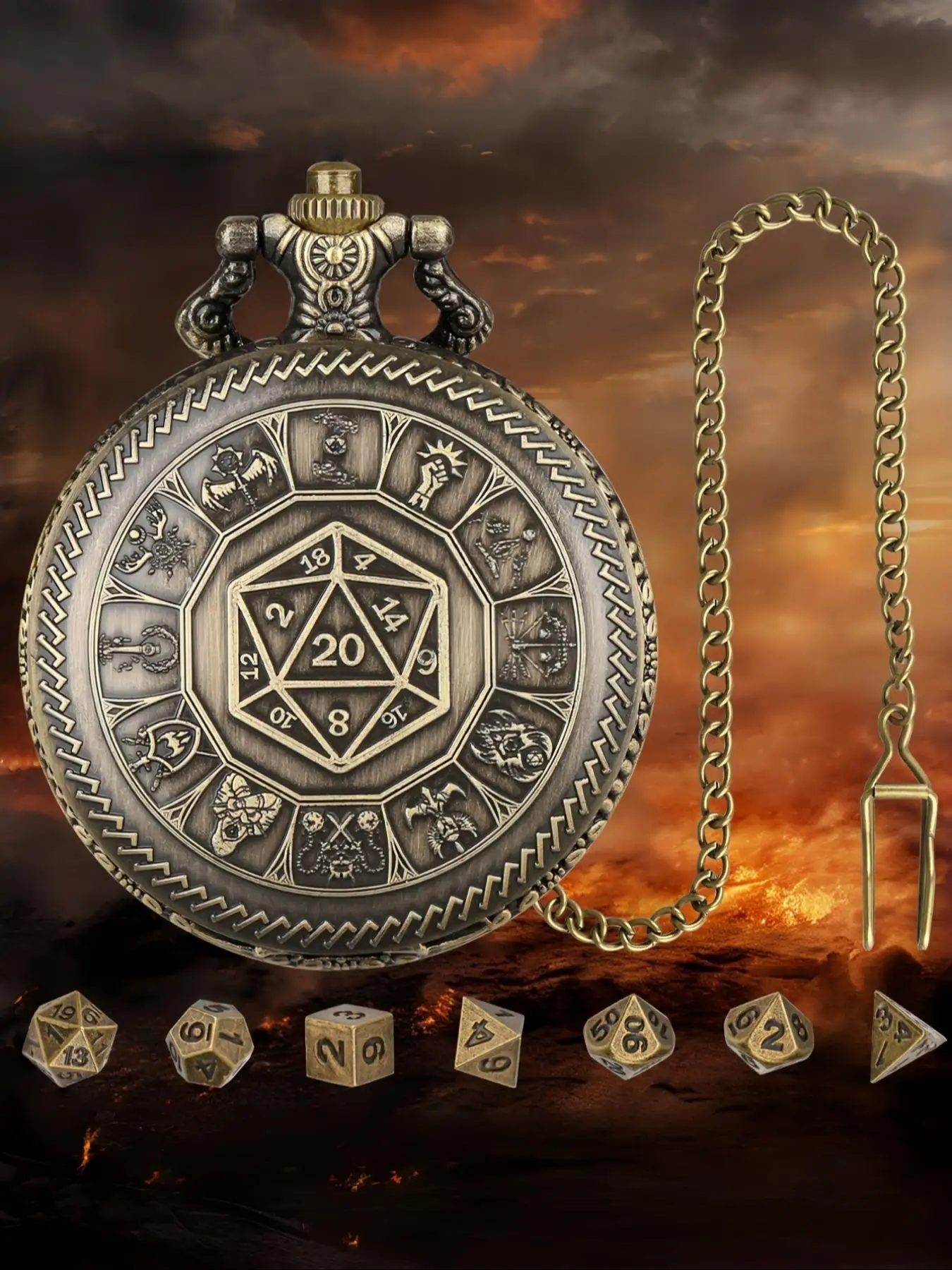 1 Piece Bronze/Dark Silver Warrior Fighter Double Sword Cross Design Party Favor Retro Pocket Watch Case + Thick Chain Mini Dice Set, Includes 7-Piece Polyhedral Metal Dice for Tabletop Role-Playing Games