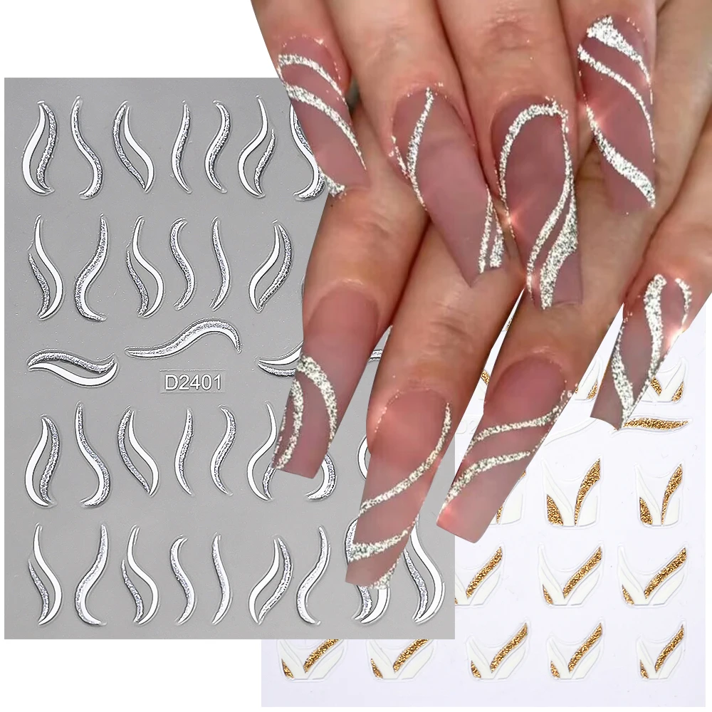 1Pc Ideas Glitter French Nails Stickers 3D Self adhesive Waves Curve White Stripes Lines Manicure Decals Silver/Gold Nails Decor