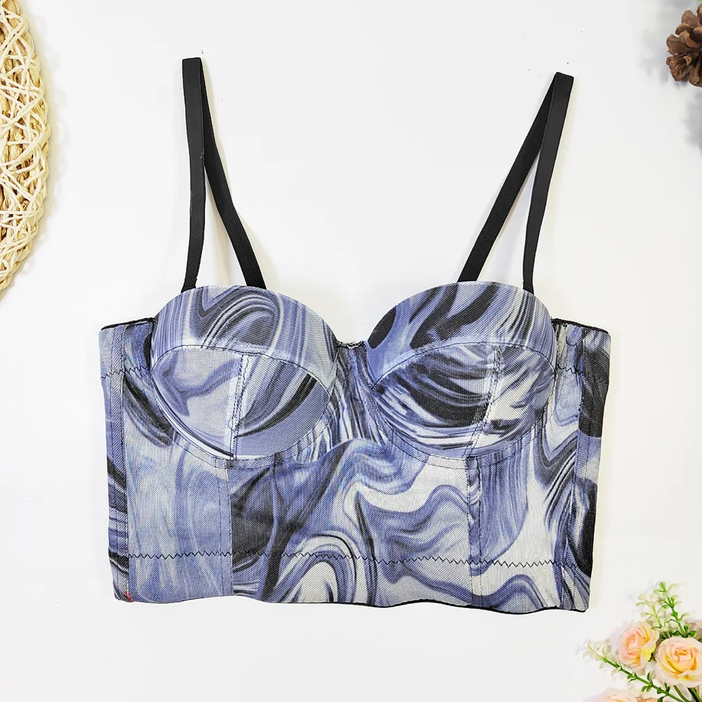 

European and American Design Printing Bandeau Slim-Fit Breathable Stretch Mesh Camisole Vest Outer Wear Fishbone Corset