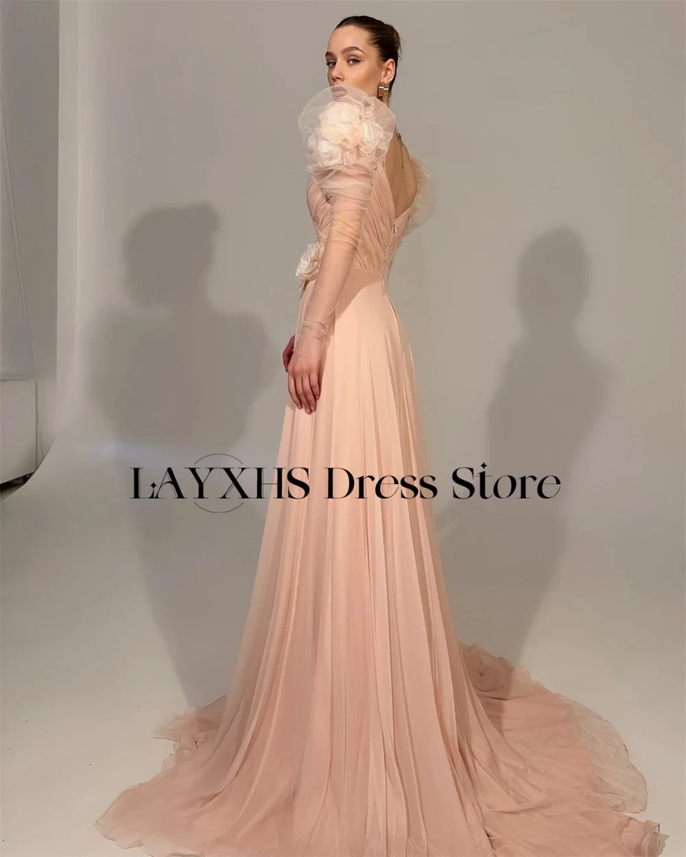 LAYXHS Moda Gola Quadrada Vestidos de Noite A Linha Mangas Compridas Flores Até O Chão Vestido de Baile Personalizado فساتmavera