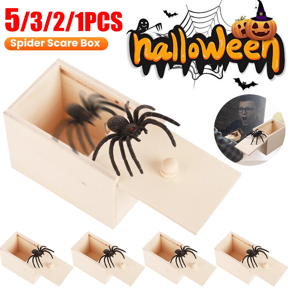 ​Trick Spider Scare Box Halloween Horror Props Scary Toy Wooden Hidden Spider Box Game Trick Friend Toys Halloween Funny Toy