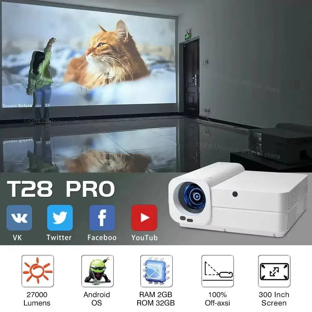 Everycom Light Unicorn T28 PRO Full HD 1080P-projector 4K Ondersteuning LED-videoprojector 5G Wifi Android Smart Home Theater