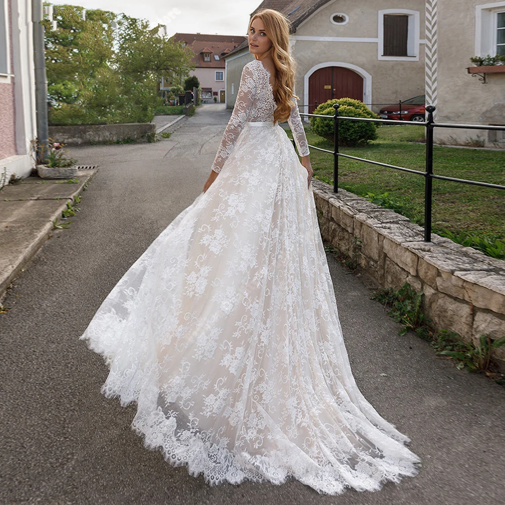 Romantic Women Wedding Dresses Luxurious V-Neck Flower Lace Print Bride Gowns High Quality Floor Mopping Women Vestidos De Novia