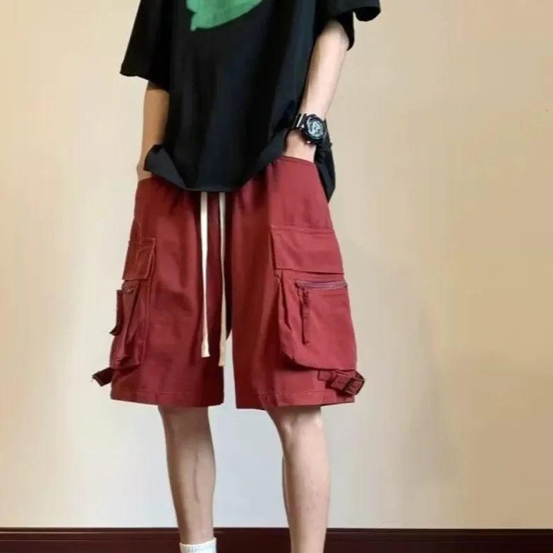 Loose Mens Bermuda Cargo Shorts with Draw String Short Pants for Men Elastic Waist Red Clothes Casual Distressed Beautiful Y2k