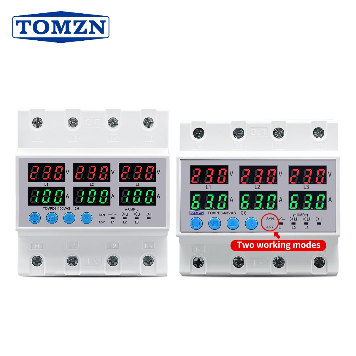 Din Rail TOMZN 3P+N Adjustable Over Under Voltage Current Limit Protection Relay Protector SYN ASYNC Synchronous Asynchronous