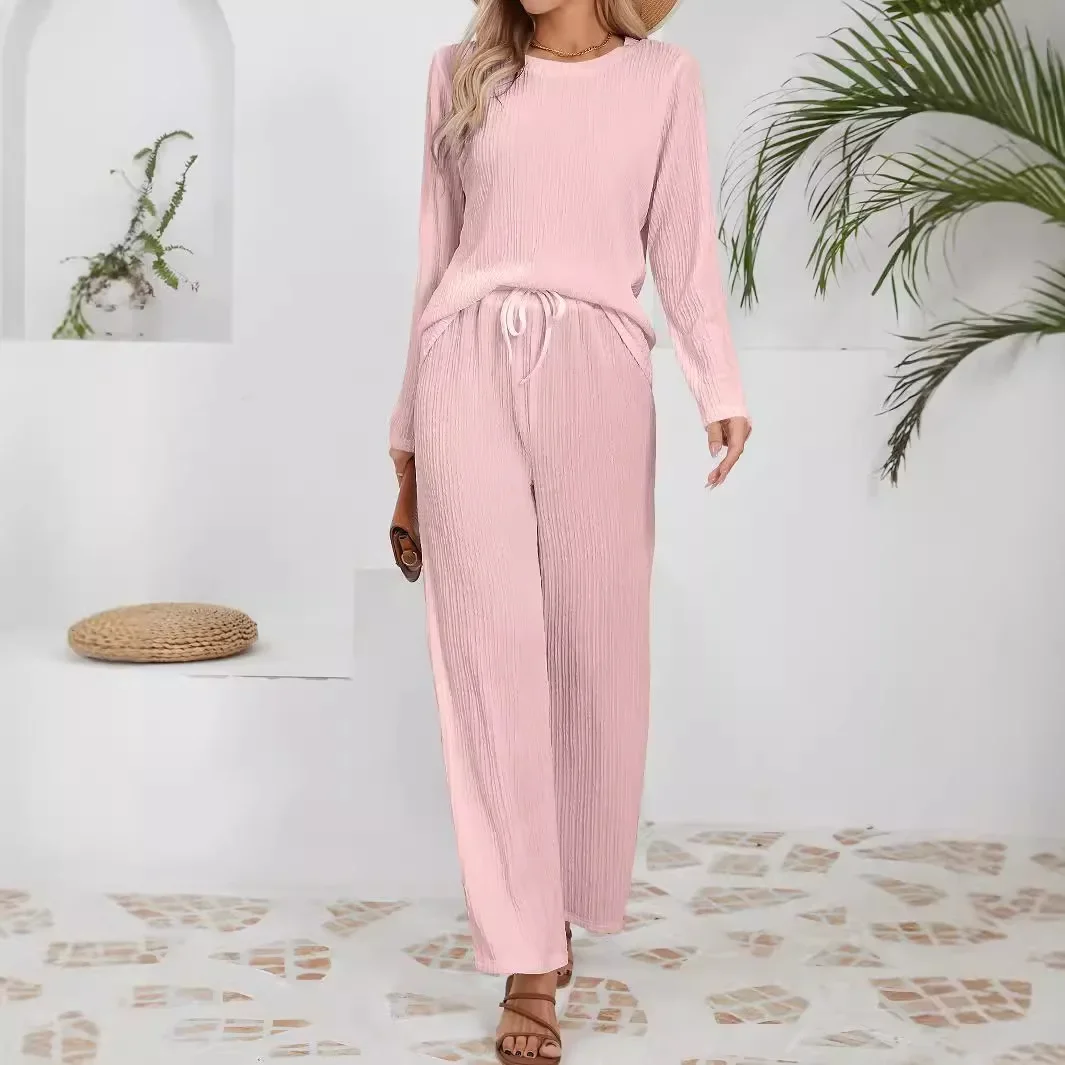 Solid Color Knitted Jacquard Two-piece, Round Neck Long Sleeve T-shirt+wide Leg Pants Casual Loose Suit Women Autumn and Winter