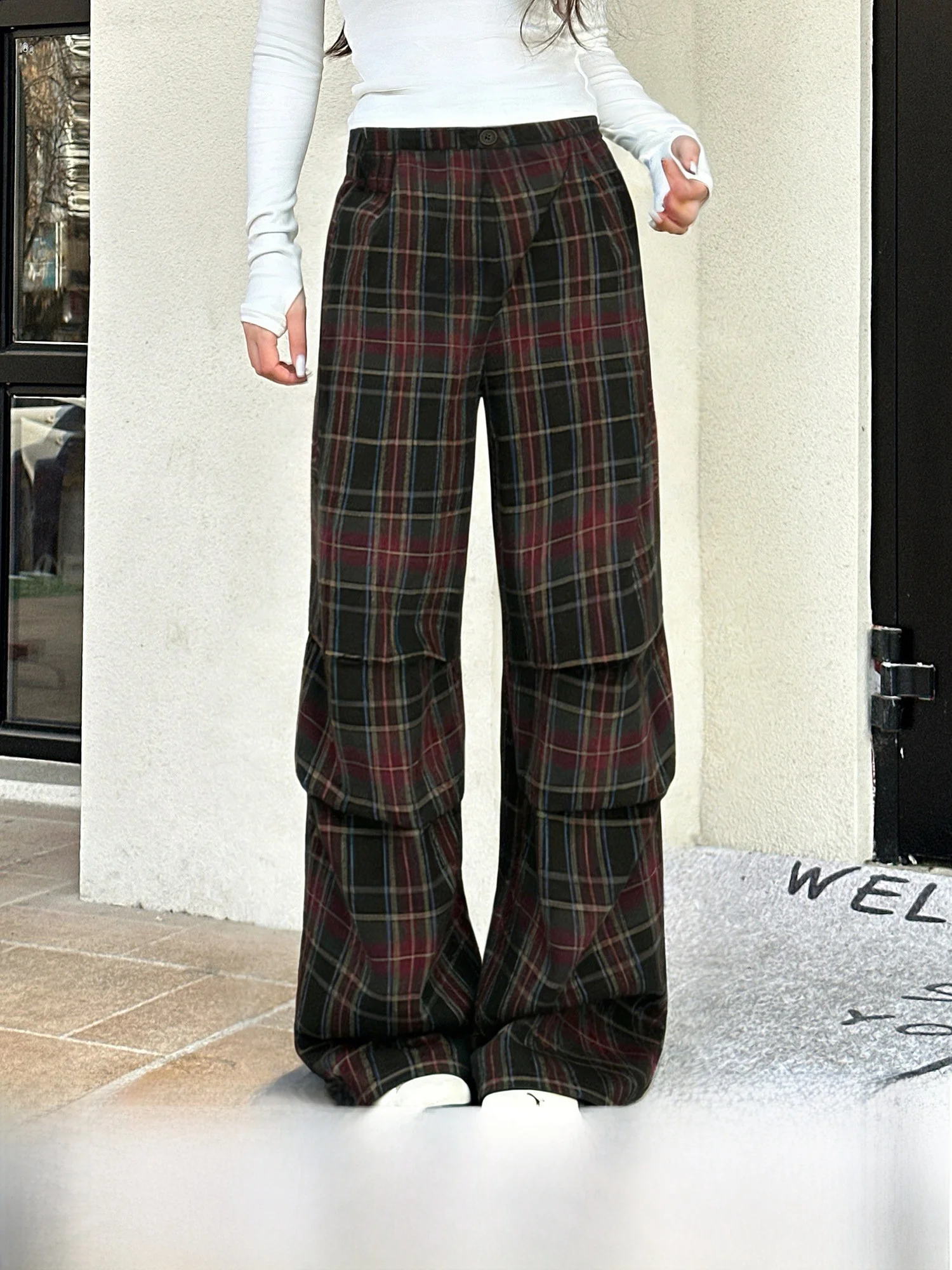 

Ретро-брюки в американском стиле с клетчатым принтом, свободные женские брюки на весну, широкие повседневные брюки, прямой крой, свободный крой, маленький размер