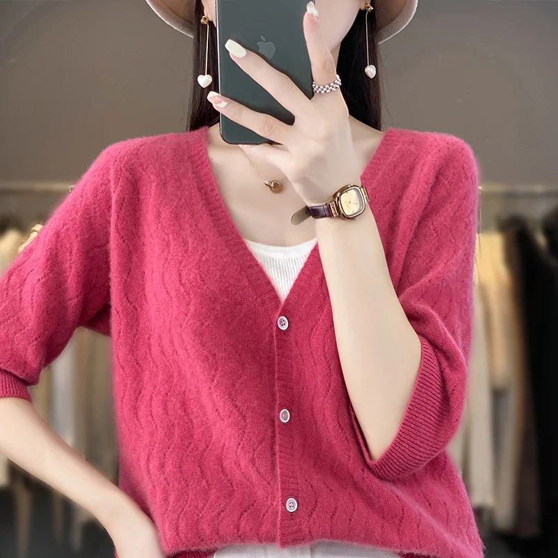 Spring And Summer New 100% Wool Five-Point Sleeve Hollow Cardigan Ladies Thin V-Neck Short-Sleeved Knitted T-Shirt