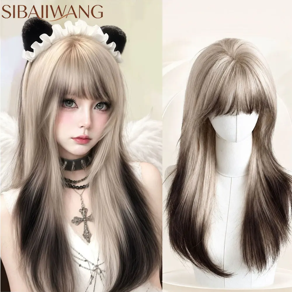 Long Blonde Ombre Natural Wavy Synthetic Wigs with Bangs For Women Heat Resistant Cosplay Party Halloween Harajuku Daily Use Wig