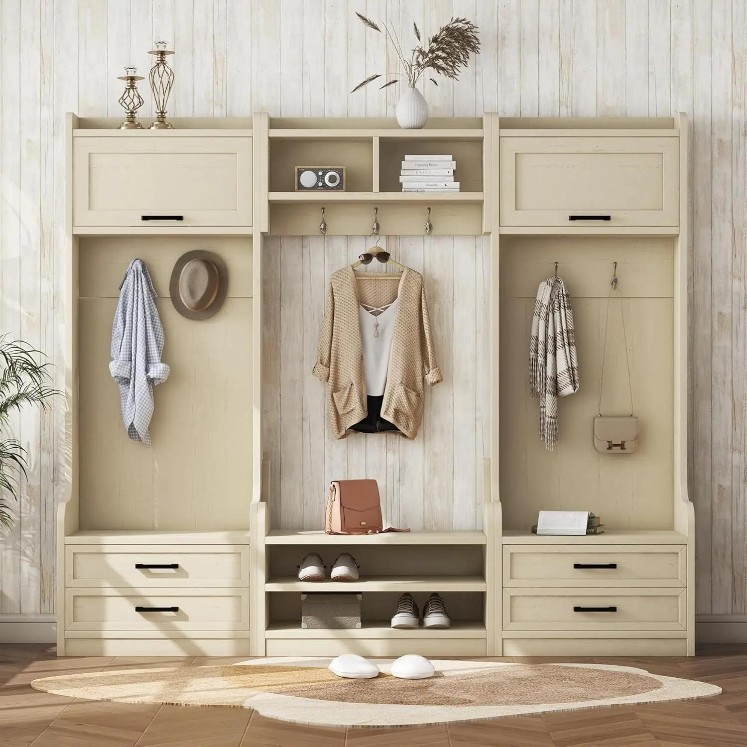 4-in-1 Hall Trees for Entryway, Multifunctional Bench with Coat Rack & 7 Hooks, Ample Storage Drawers & Shelves, Beige.