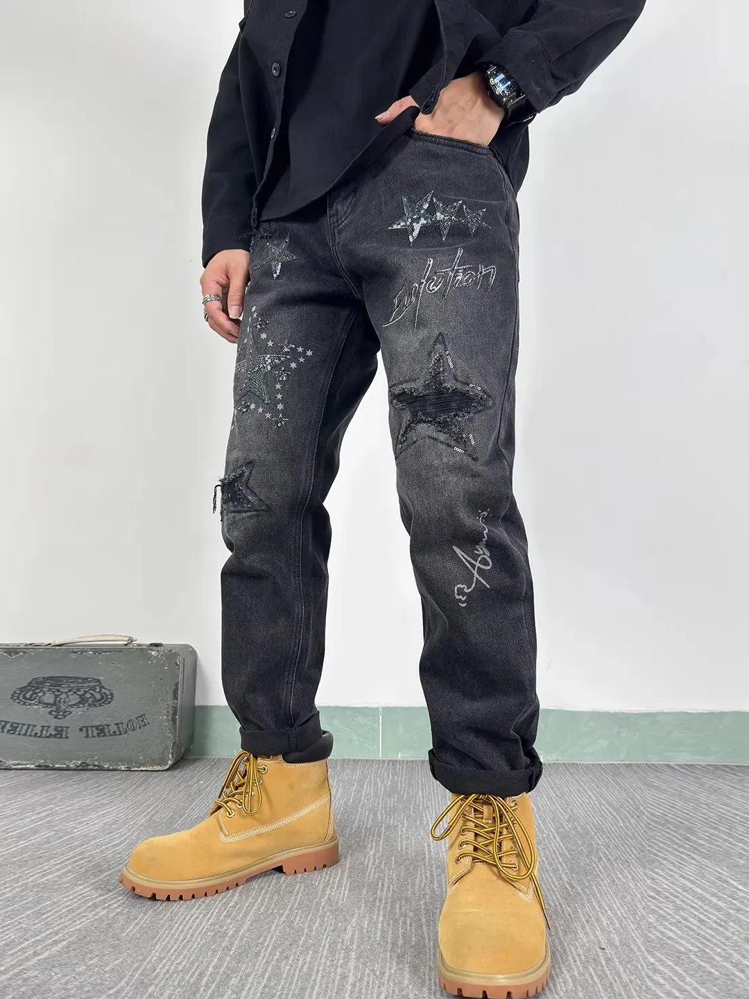 

Loose Men's Denim Jeans High Street Style Micro Cone Boots Compatible Black Grey Patchwork Spring Autumn Long Trousers