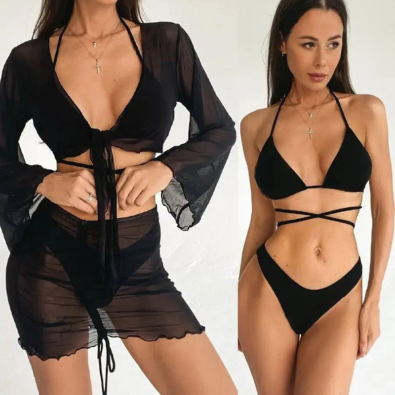 Microbikini Bandage a la moda para mujer, traje de baño Sexy de triángulo, conjunto de Bikini de malla transparente, ropa de playa 2025, nuevo traje de baño
