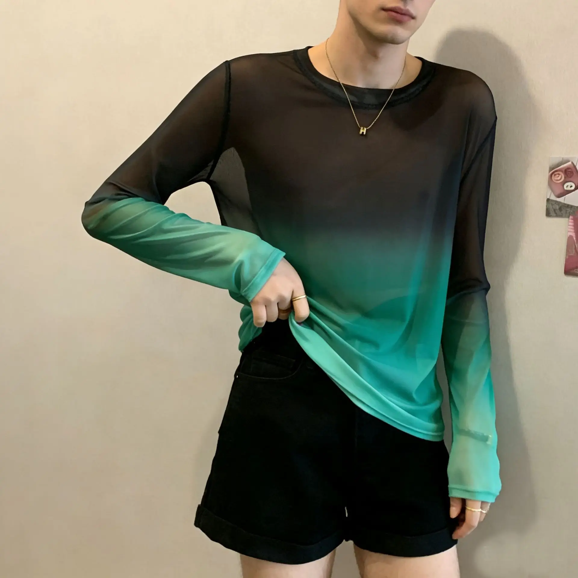 Tight High Elastic Mesh Top Gradual Change Printing Long Sleeve T-shirt Men's Micro Elastic Bottoming Shirt