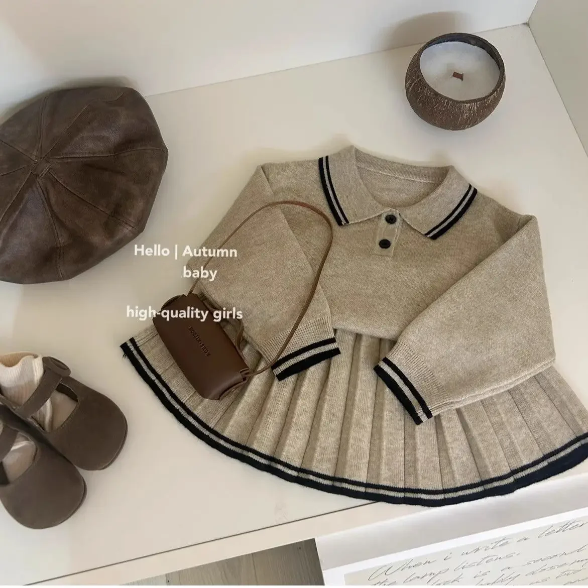 

Baby Girls Set Autumn And Winter 2026 New Children's Khaki College Style Sweater+pleated Skirt 2-piece Set 2 4 6 7Y