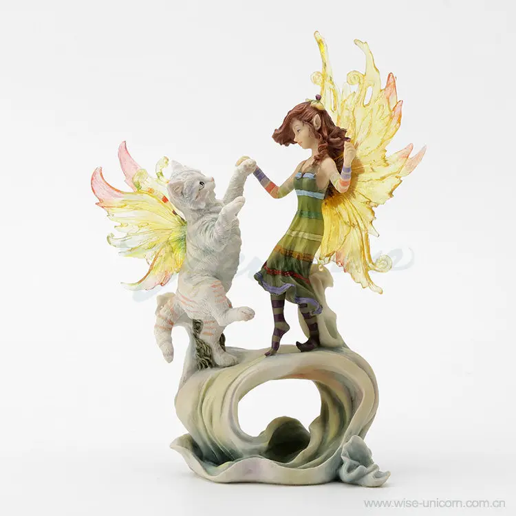 Winged Fairy Dancing with Winged Cat Statue Fantasy Elf Girl and Angel Cat Resin Figurine Mythical Animal Desktop Ornament Gift