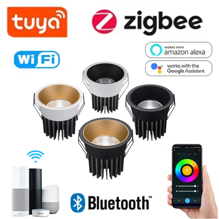 tuya luz descandescente led anti refletor lampada do teto spot light luz descandescente wifi bluetooth recesso smart home interior 9w 12w 15w 85265v 01