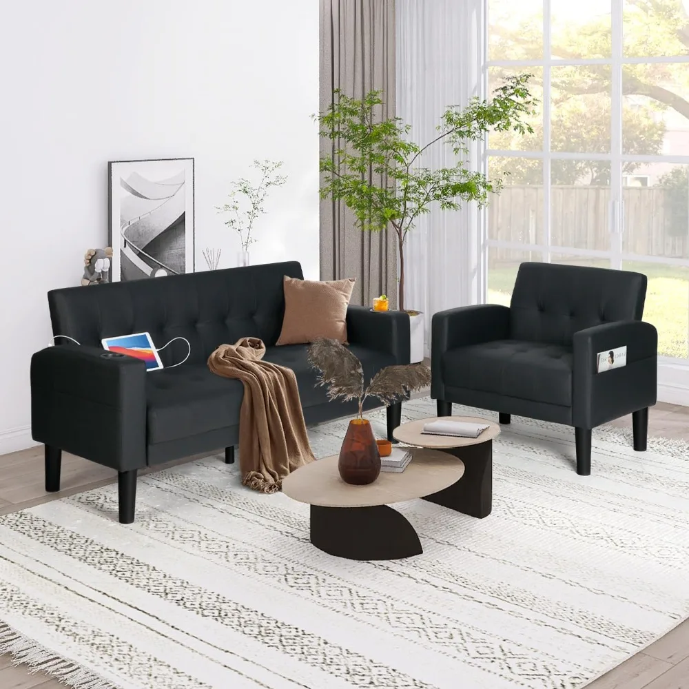 2-delige woonkamer bankstel loveseat banken sets met 2 usb, bekerhouders, zijvak, modern leer 2-delige sectionele bank cha