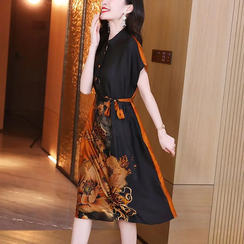 Fashion Stand Collar Button Printed Bandage SILK Vintage Dress Women's Clothing 2024 Summer New Loose Office Lady Party Dress