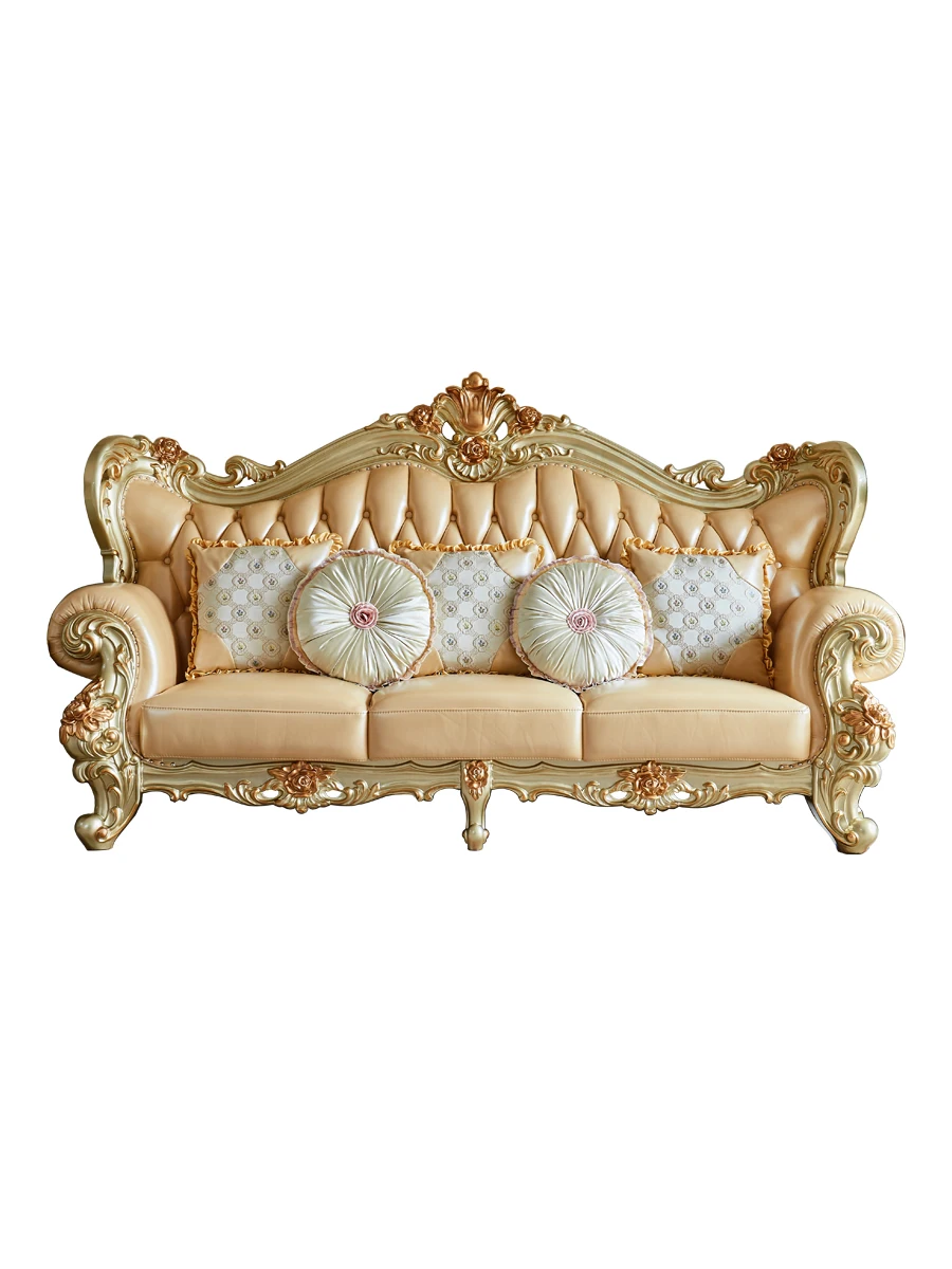 

Европейский кожаный диван, комбинация роскошной французской роскошной виллы, гостиной, золотого резьбы по цельному дереву