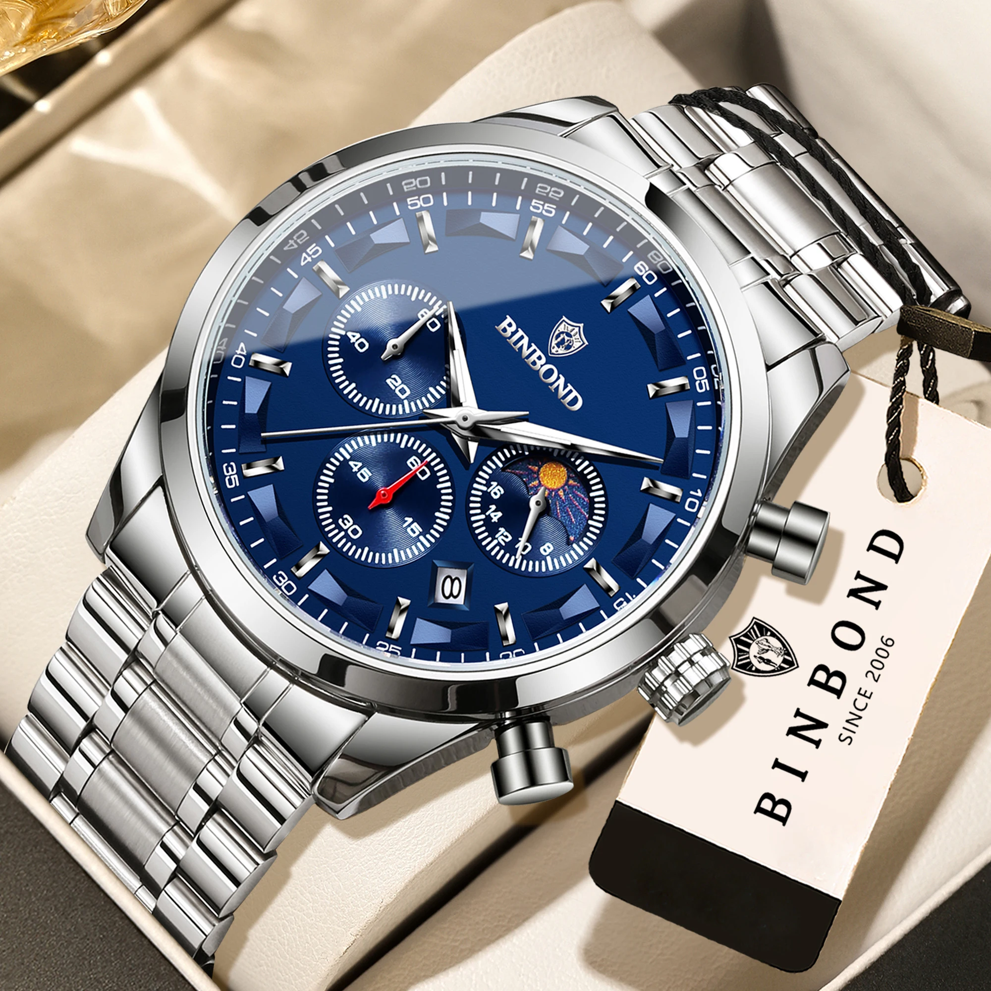 BINBOND Luxus-Sportuhr Präzise Quarz-Armbanduhr für Herren Langlebige Leuchtende Wasserdichte Chronograph Herrenuhr Modische Reloj