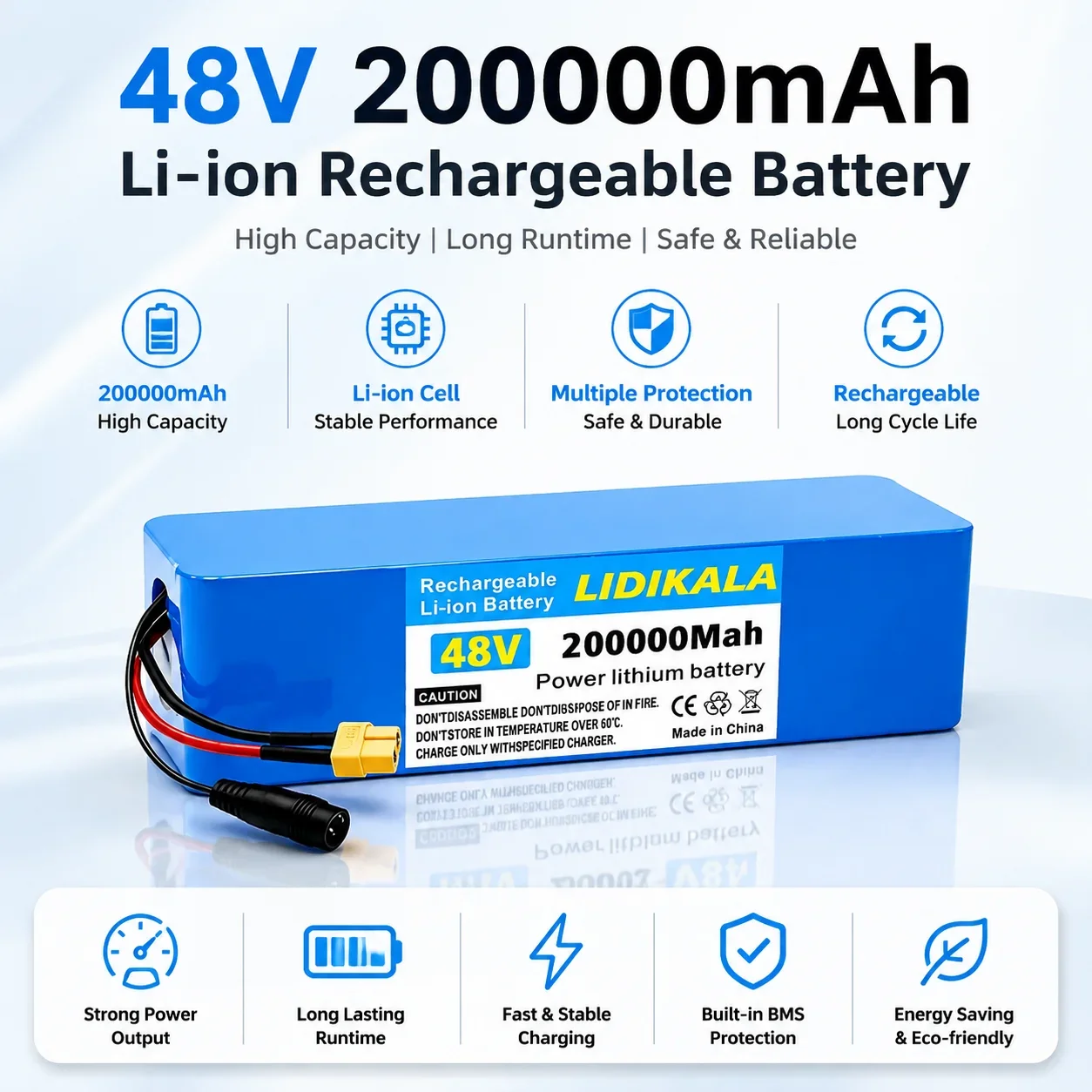 Batteria ricaricabile agli ioni di litio ad alta capacità, 48V, 200000mAh, configurazione 13s3p, con connettore DC XT60, per e-bike, scooter elettrici e sistemi solari.