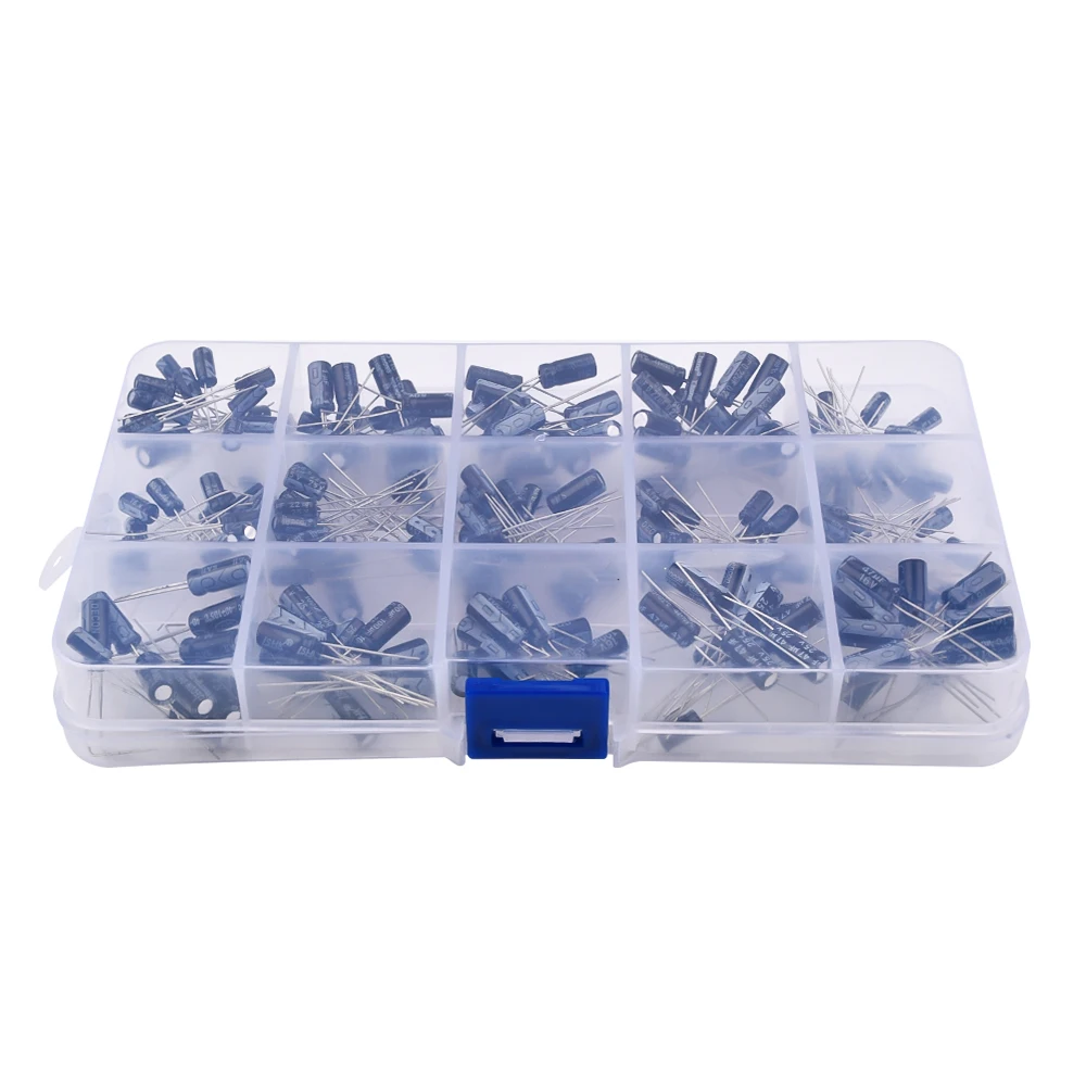 200pcs/lot Radial capacitors set 15Values 16V 50V 0.1UF-1000UF Electrolytic Capacitor Assortment Kit Box 0.22uf 2.2uf 100uf