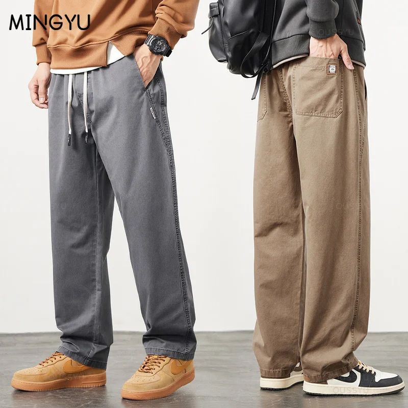 

Mingyu Brand Clothing High Quality 100%Cotton Pants Men Drawstring Elastic Waist Straight Khaki Casual Cargo Work Trouser Male