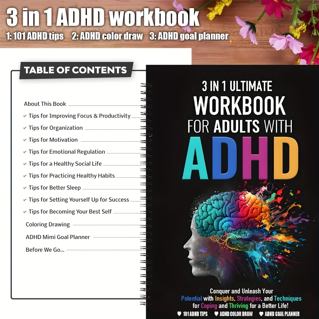 Master Focus Time Management 3-in-1-ADHS-Arbeitsbuch: Angst mit 101 Tipps, Techniken, Strategien, inklusive Notizbuch zum Ausmalen des Gehirns