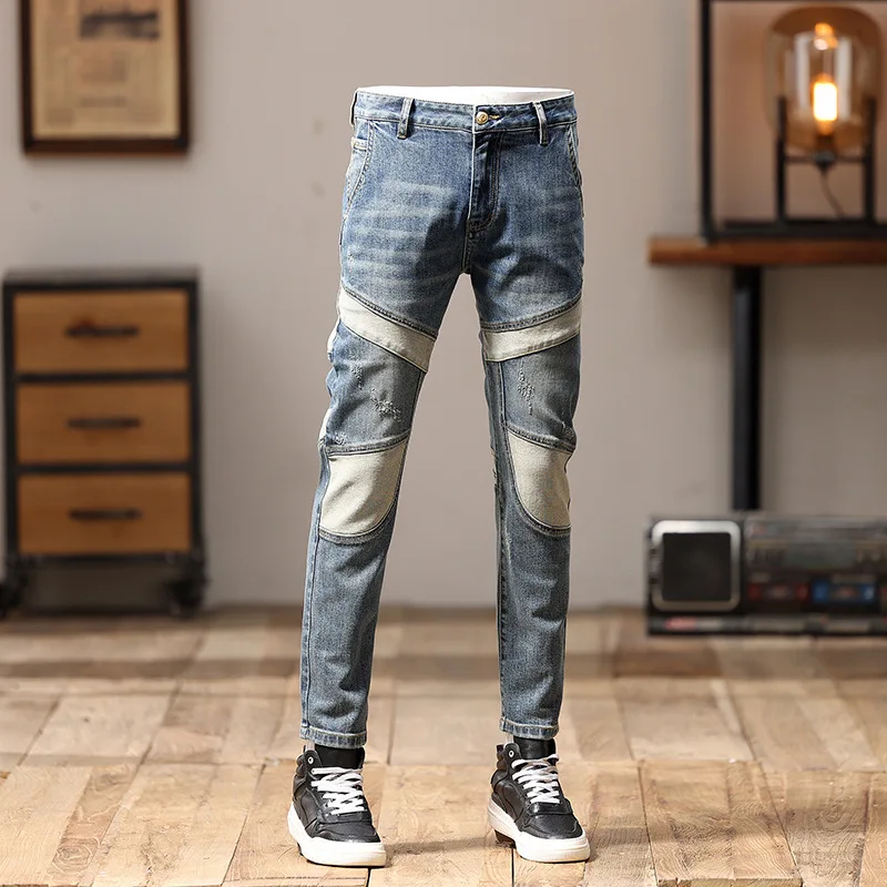 2024High-End Jeans Men's Stitching Trendy Retro Street Personalized Design Slim Fit Skinny Motorcycle Pants