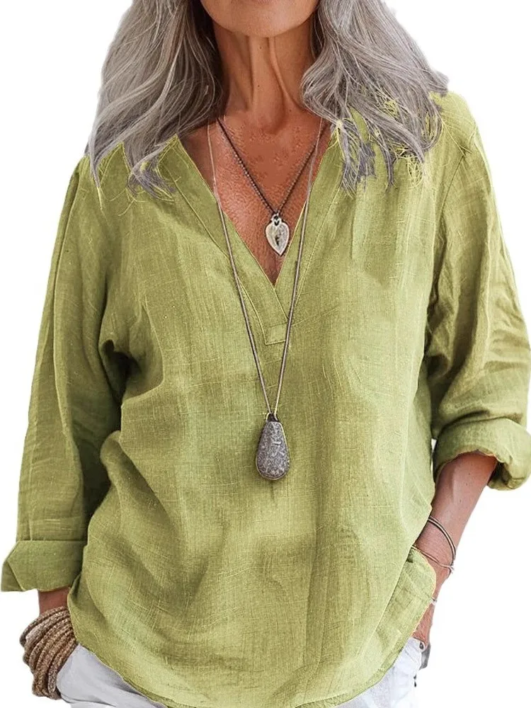 Spring Women's Casual Top Fashion V-neck Long Sleeved Shirt Autumn Elegance Solid Color Loose Blouses Ladies Commuting Clothing
