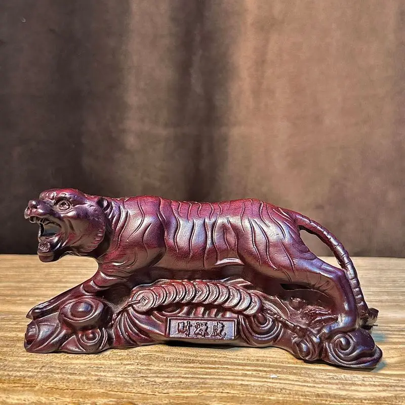Ebony wood carving of a roaring tiger, a decorative piece for wealth and prosperity, solid wood carved zodiac tiger for home, li